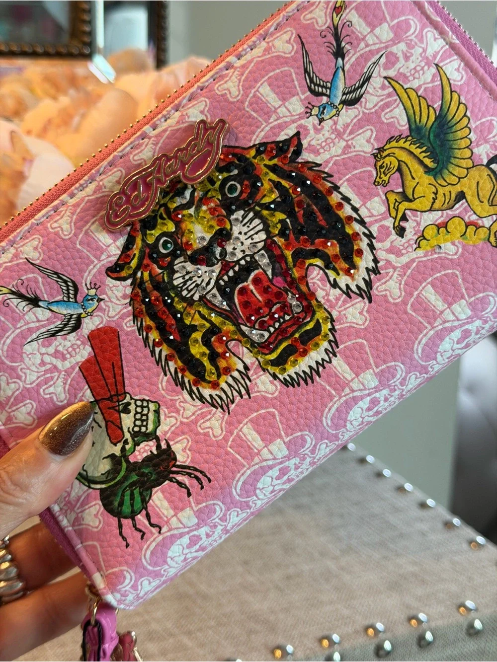 Ed Hardy Pink Tattoo Motif Wristlet with Leopard Tiger and Pegasus